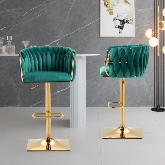 Swivel Bar Stools Set of 2, Counter Height Bar Stools in Velvet with Woven Back and Footrest, Adjustable Hydraulic Kitchen Counter Bar Chairs Barstool for kitchen island, Home Bar, Dining Room, Green