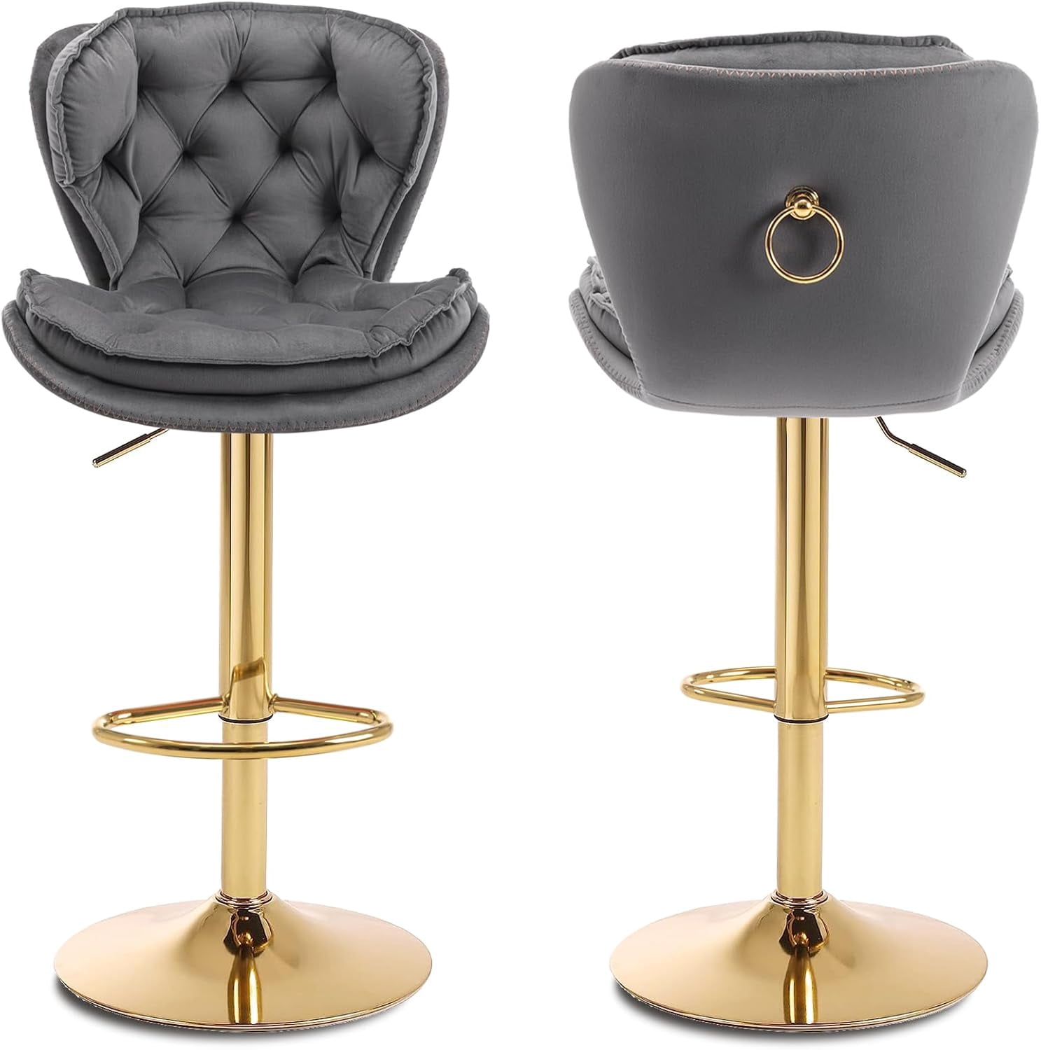 Swivel Bar Stools Set of 2 Counter Height Barstools with Back Velvet Upholstered Adjustable Stool Chair Min Century Modern Bar Stool Sillas para Barra De Cocina Bar Stools for Kitchen Island (Grey)