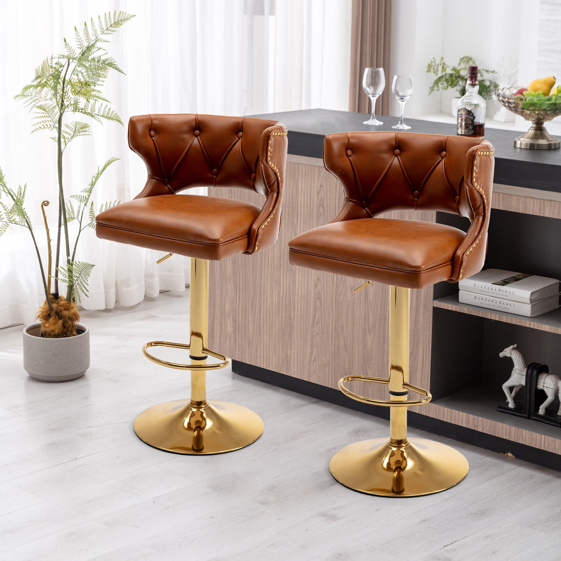 Swivel Bar Stools Set of 2, Counter Height Bar Stools in Leather with