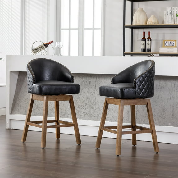 Swivel Bar Stools Set of 2, Counter Height Bar Stools, Retro Bar Chairs with Rivets and Curved High-Back, Solid Wood Barstools with Footrest for Kitchen Island, Dining Room, Black+PU