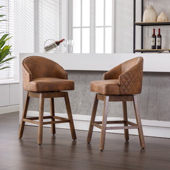 Swivel Bar Stools Set of 2, Counter Height Bar Stools, Retro Bar Chairs with Rivets and Curved High-Back, Solid Wood Barstools with Footrest for Kitchen Island, Dining Room, Coffee+Polyester