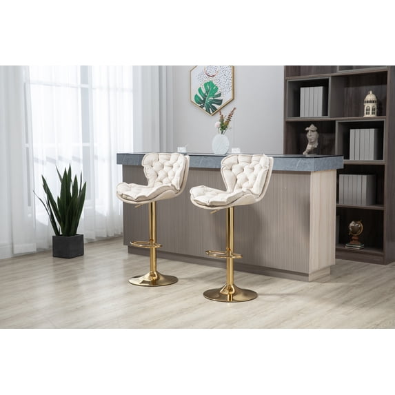 Swivel Bar Stools Set of 2 with Curved Back, Comfy Upholstered Counter Height Bar Chairs with Metal Legs and Footrest, Dining Chairs for Kitchen, Dining Room, Bar, Club, Cafe, Office, Ivory