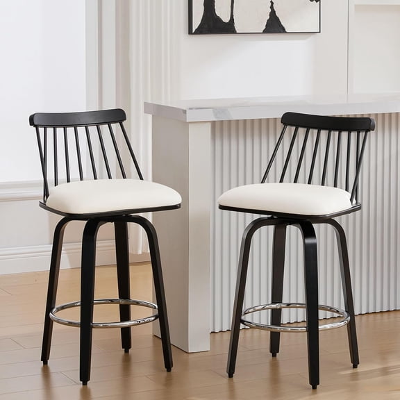 Swivel Bar Stools Set of 2, Faux Leather Counter Stool with Spindle Back & Solid Wood Legs, 26" Seat Height Wooden Barstools for Kitchen Island, White, Wide Seat: 18.9" W x 16.2" D