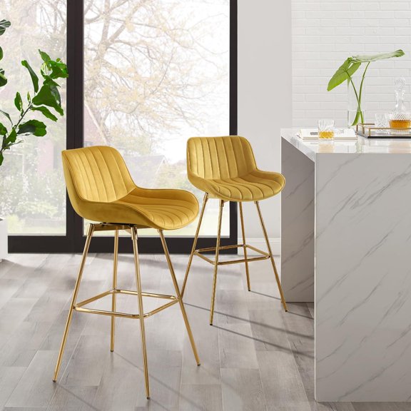 Swivel Bar Stools Set of 2 for Kitchen, 29" Bar Height Chairs with Back Tall Barstools Velvet Kitchen Island Stools with Gold-Plated Metal Legs, Golden Yellow