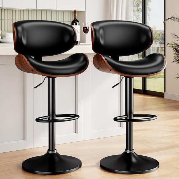 Swivel Bar Stools Set of 2 for Kitchen Counter, Adjustable Bentwood Barstools, Modern PU Leather Upholstered Bar Chair with Back and Footrest, for Bar, Kitchen, Dining Room, Black