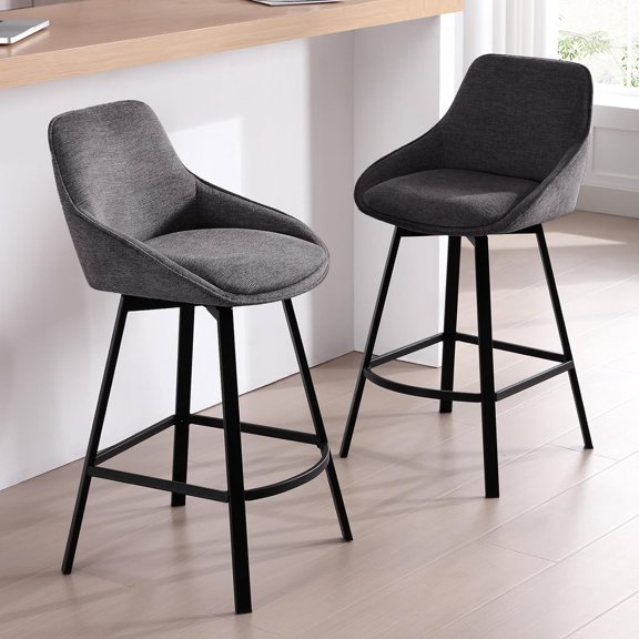 Swivel Bar Stools Set of 2, Modern Counter Height Barstools with Backs, 26'' Upholstered Linen Fabric High Chairs for Island Kitchen, Counter Height Chairs with Metal Legs, Dark Grey