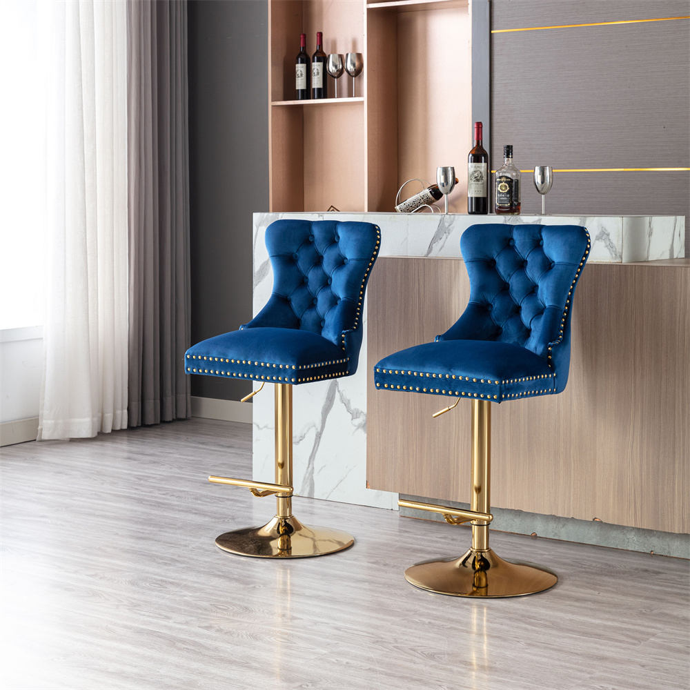 Set Of 2 Grey Velvet Swivel Bar Stools - Adjustable Height, High Back, For Kitchen Island & Bar
