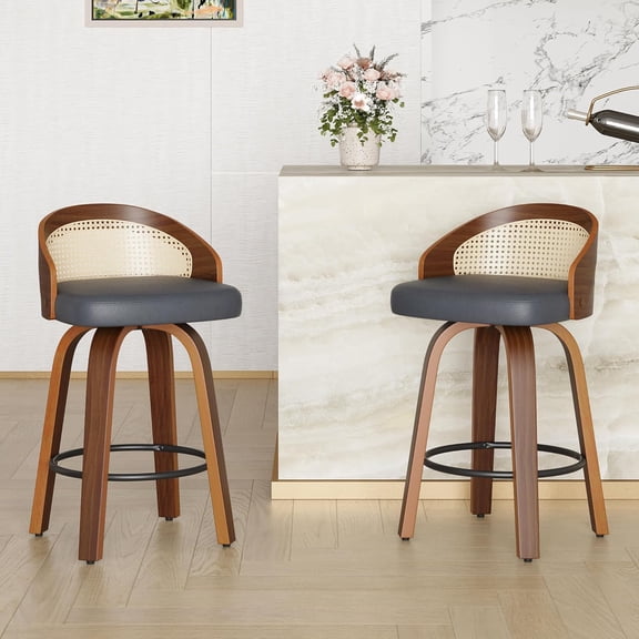 Swivel Bar Stools Set of 2, Modern Wood Frame with Rattan Back, PU Leather Stool for Kitchen Counter, Mid Century Upholstered Barstools with Footrest, Counter Height Stools