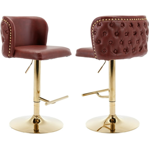Swivel Bar Stools Set of 2, PU Leather Bar Stools with Back, 25"-33" Counter Height to Bar Height Adjustable Stool Chairs, for Kitchen Island Pub Dining Room (2Pcs,Burgundy Wine Red)