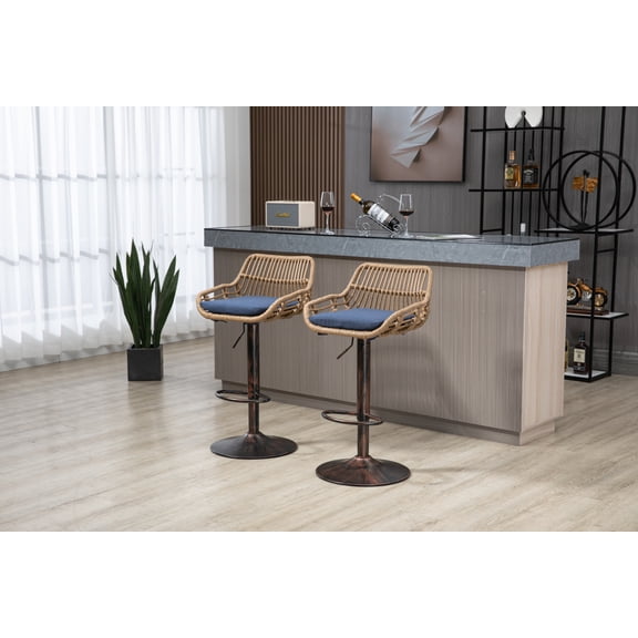 Swivel Bar Stools Set of 2, Rattan Counter Height Bar Stools with Linen Cushion and Metal Base, Height Adjustable Bar Chairs Dining Chairs with Footrest for Kitchen Island Dining Room Pub, Blue