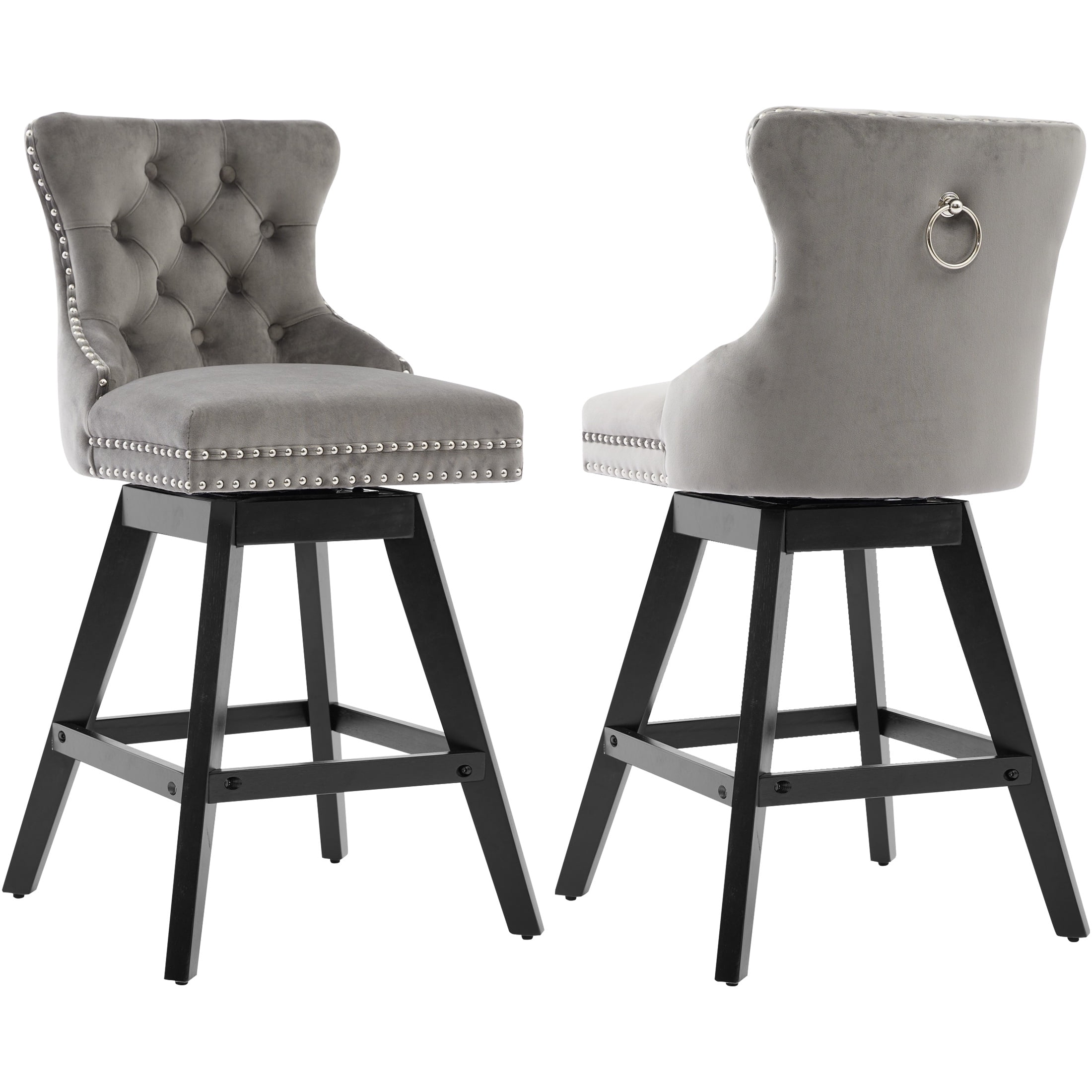 Swivel Bar Stools Set of 2, Velvet Counter Height Bar Stools with Back, Swivel Dining Chair with Button Tufted and Wooden Legs, Kitchen Chair Counter Stools for Kitchen Island Kitchen Counter, Gray