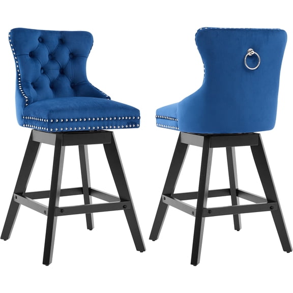 Swivel Bar Stools Set of 2, Velvet Counter Height Bar Stools with Back, Swivel Dining Chair with Button Tufted and Wooden Legs, Kitchen Chair Counter Stools for Kitchen Island Kitchen Counter, Blue