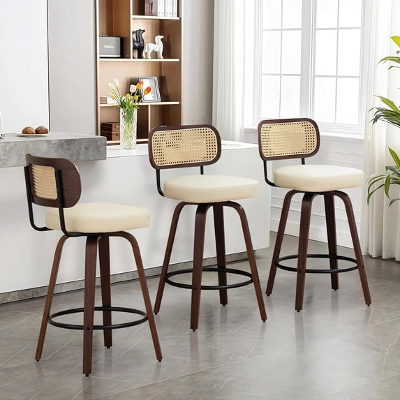 Swivel Bar Stools Set of 3,26" Rattan Counter Height Stools with Cane&Walnut Back, Faux PU Leather Counter Barstools with Bentwood Legs for Island/Kitchen/Counter/Bar,Beige