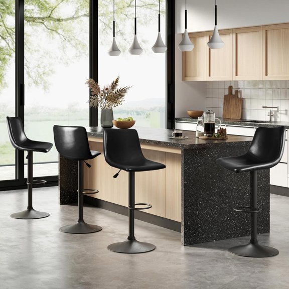 Swivel Bar Stools Set of 4, Armless Adjustable Barstools with Back and Footrest for 350LBS, Kitchen Island Stool, Modern PU Leather Bar Chairs for Kitchen Counter (Black)