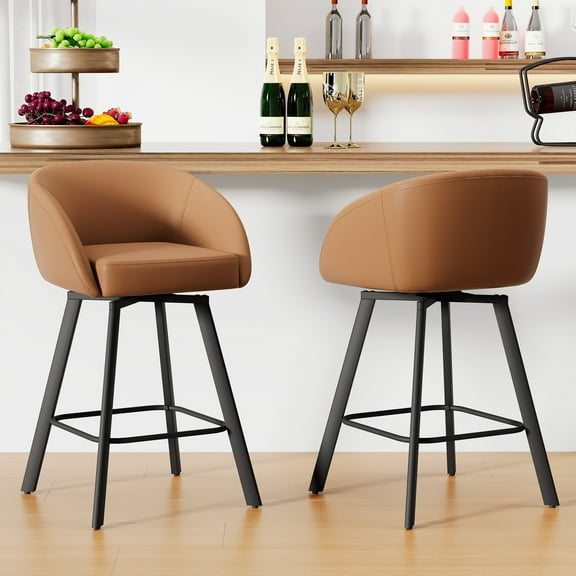 FIRAVOE Swivel Bar Stools Set of 2, 26" Counter Height Bar Stools with Back, Faux Leather Bar Chair Kitchen Barstools Counter Stools, Camel Brown