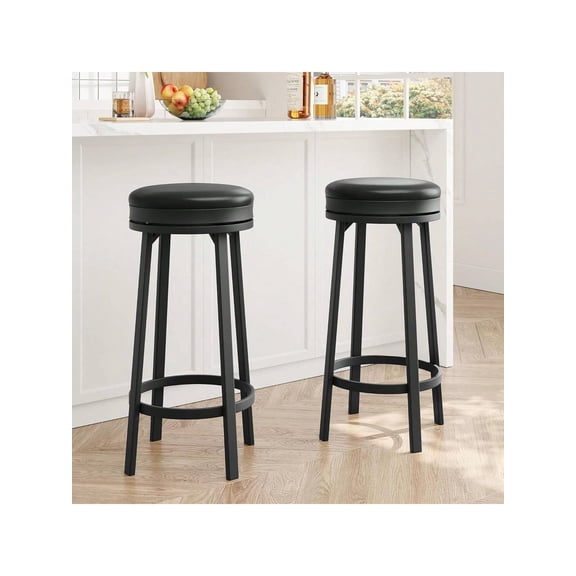 Swivel Bar Stools Set of 2, 30" Counter Height PU Leather Barstools with Footrest, Backless Round Metal Frame Stools for Kitchen Island, Black