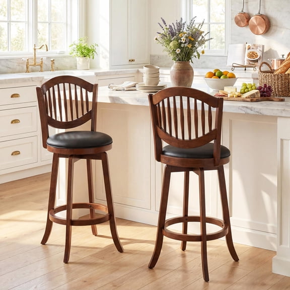 Swivel Bar Stools Set of 2, 30-Inch Seat Height, Backrest, Wood Frame, Pvc Leather, Built-in Footrests