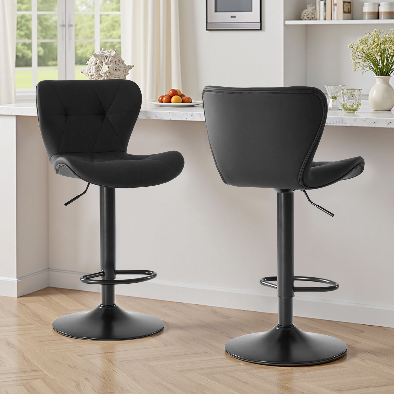Swivel Bar Stools Set of 2 Adjustable Counter Stools Bar Chairs, Faux Leather High Back Barstools for Kitchen Island, Black