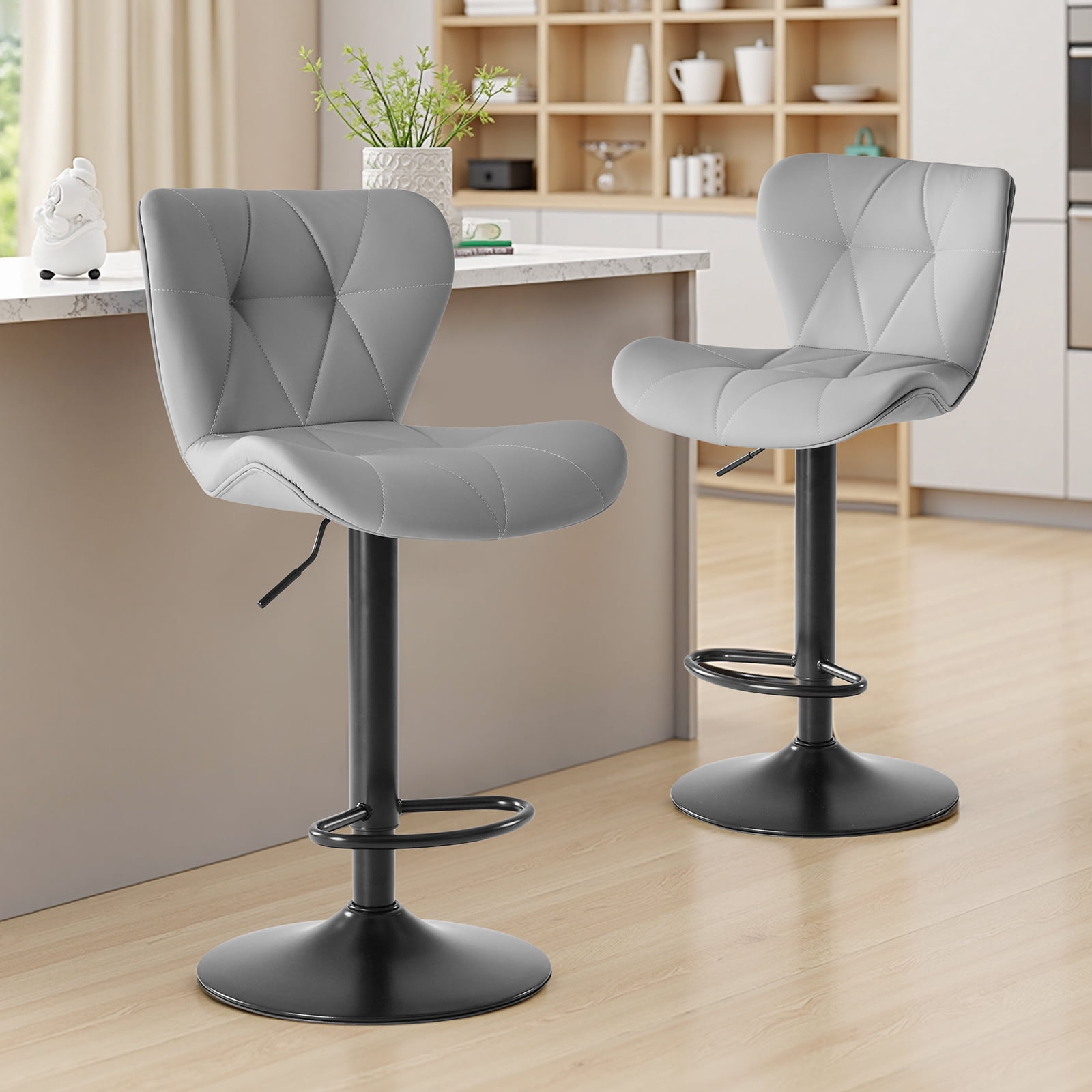 Swivel Bar Stools Set of 2 Adjustable Counter Stools Bar Chairs, Faux Leather High Back Barstools for Kitchen Island, Grey