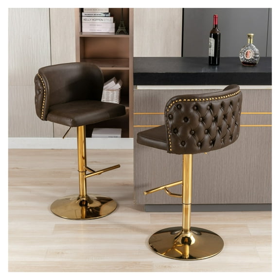 Swivel Bar Stools Set of 2, Adjustable Height PU Leather Bar Chairs with Tufted Back, Modern Kitchen Island & Home Pub Stools, Brown
