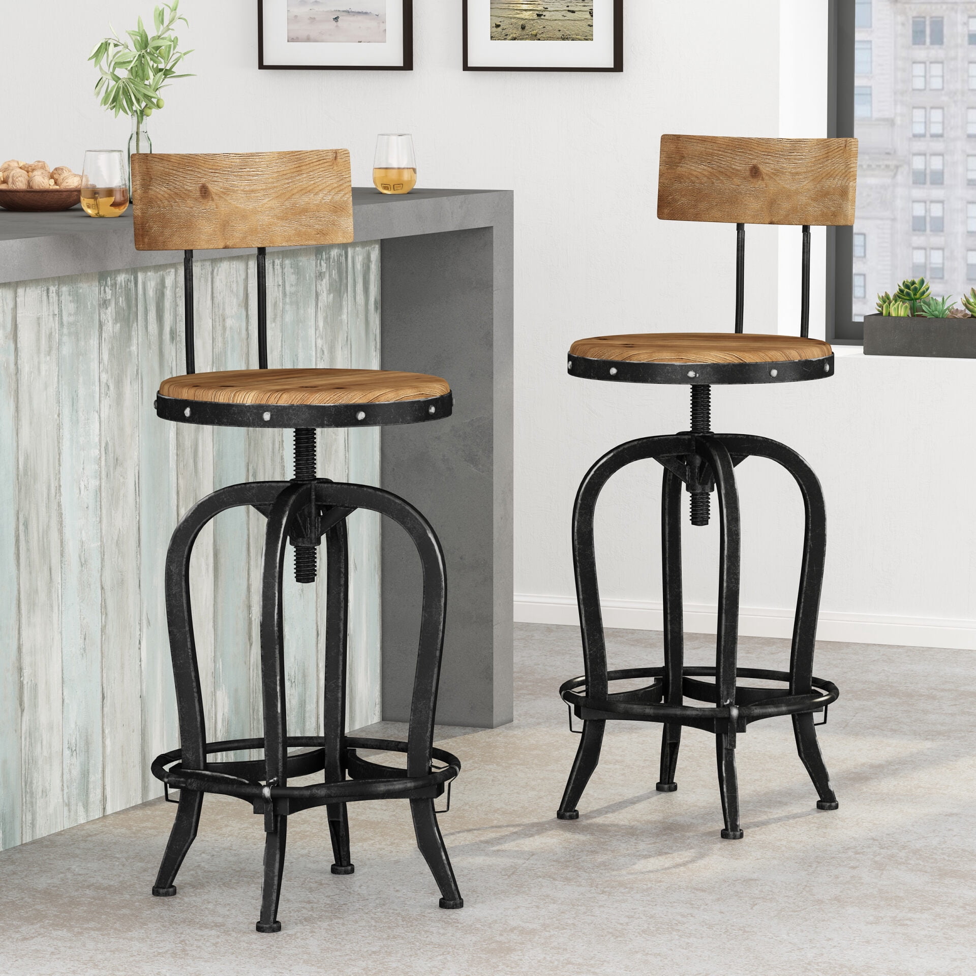 Swivel Bar Stools Set of 2, Adjustable Swivel Barstools, Solid Wood ...