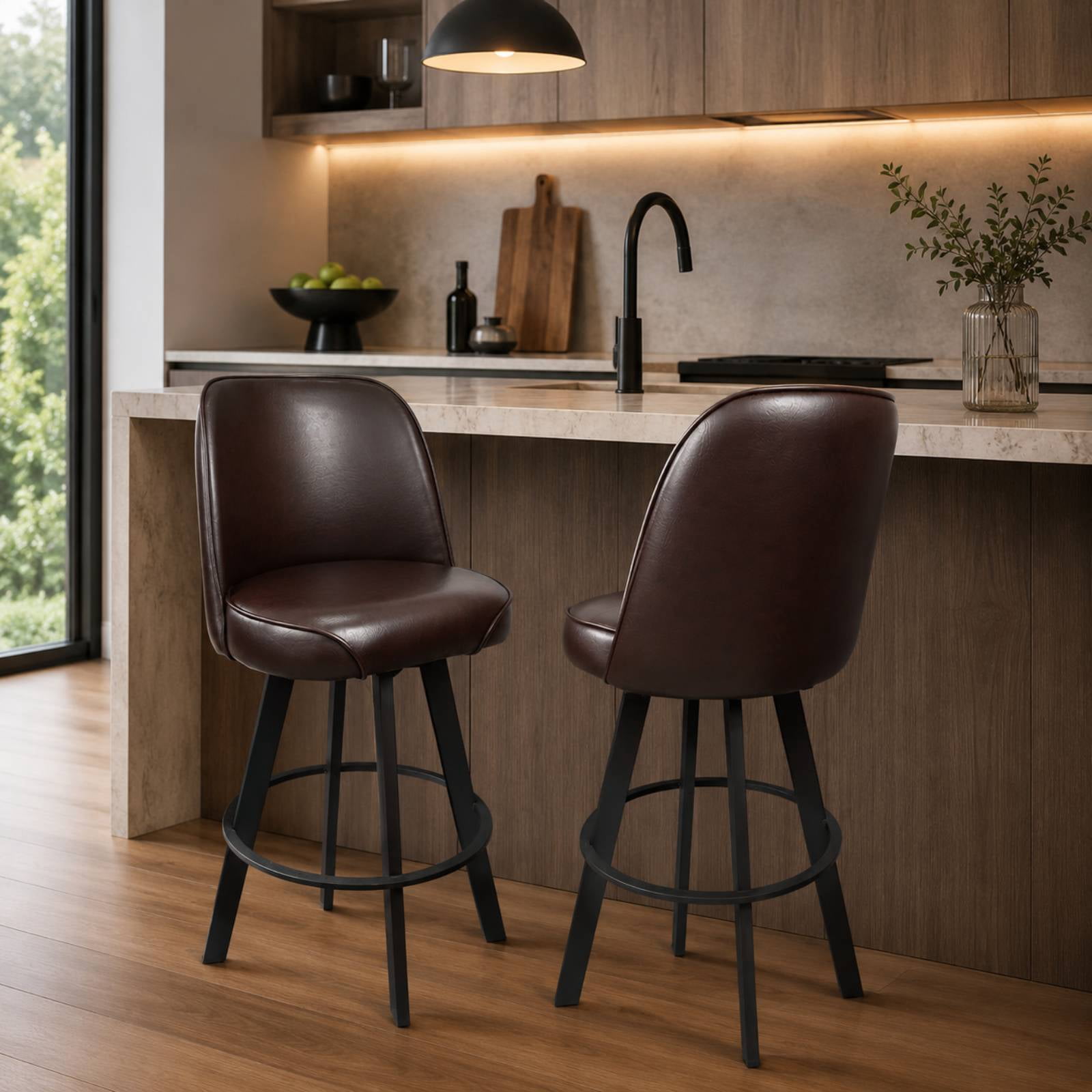 Swivel Bar Stools Set of 2 Counter Height Swivel Bar Stools with Backs, Faux Leather Barstools for Kitchen Island, Home Bar, Brown