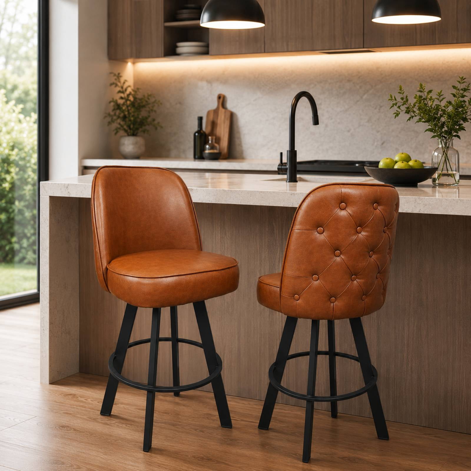 Swivel Bar Stools Set of 2 Counter Height Swivel Bar Stools with Backs, Faux Leather Tufted Barstools for Kitchen Island, Home Bar, Walnut
