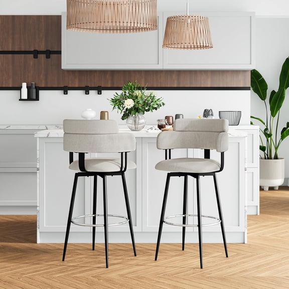Swivel Bar Stools Set of 2, Ergonomic Backrest, Linen Fabric Upholstered Bar Stools with Chrome Plated Metal Feet for Kitchen Island (Beige, 30 inch)