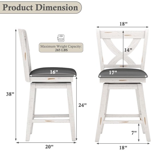 Swivel Bar Stools Set of 2, Farmhouse 24 Inch Counter Height with X Backs, Wooden Chair Solid Footrest for Kitchen Island Home Bar Pub Antique White