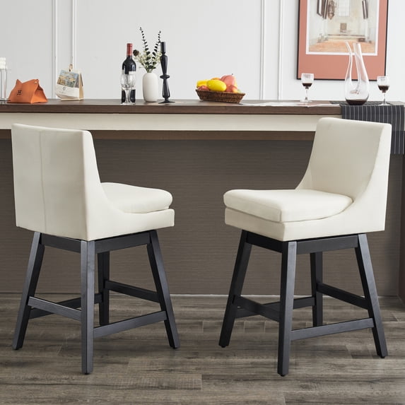Swivel Bar Stools Set of 2, Modern 26" Upholstered Linen Fabric High Back Counter Stools with Nail Head Design and Wood Frame, Cream White