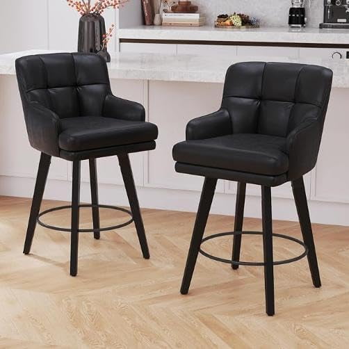 Swivel Bar Stools Set of 2, PU Leather Counter Height Chairs with Arms,Black