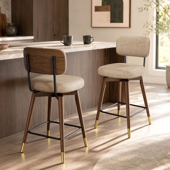Swivel Bar Stools Set of 2, Rustic Brown Solid Rubberwood Frame, Faux Leather Comfort for Kitchen