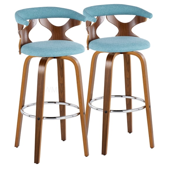 Swivel Bar Stools Set of 2 for Kitchen Island, Teal Fabric and Walnut Wood with Chrome Base