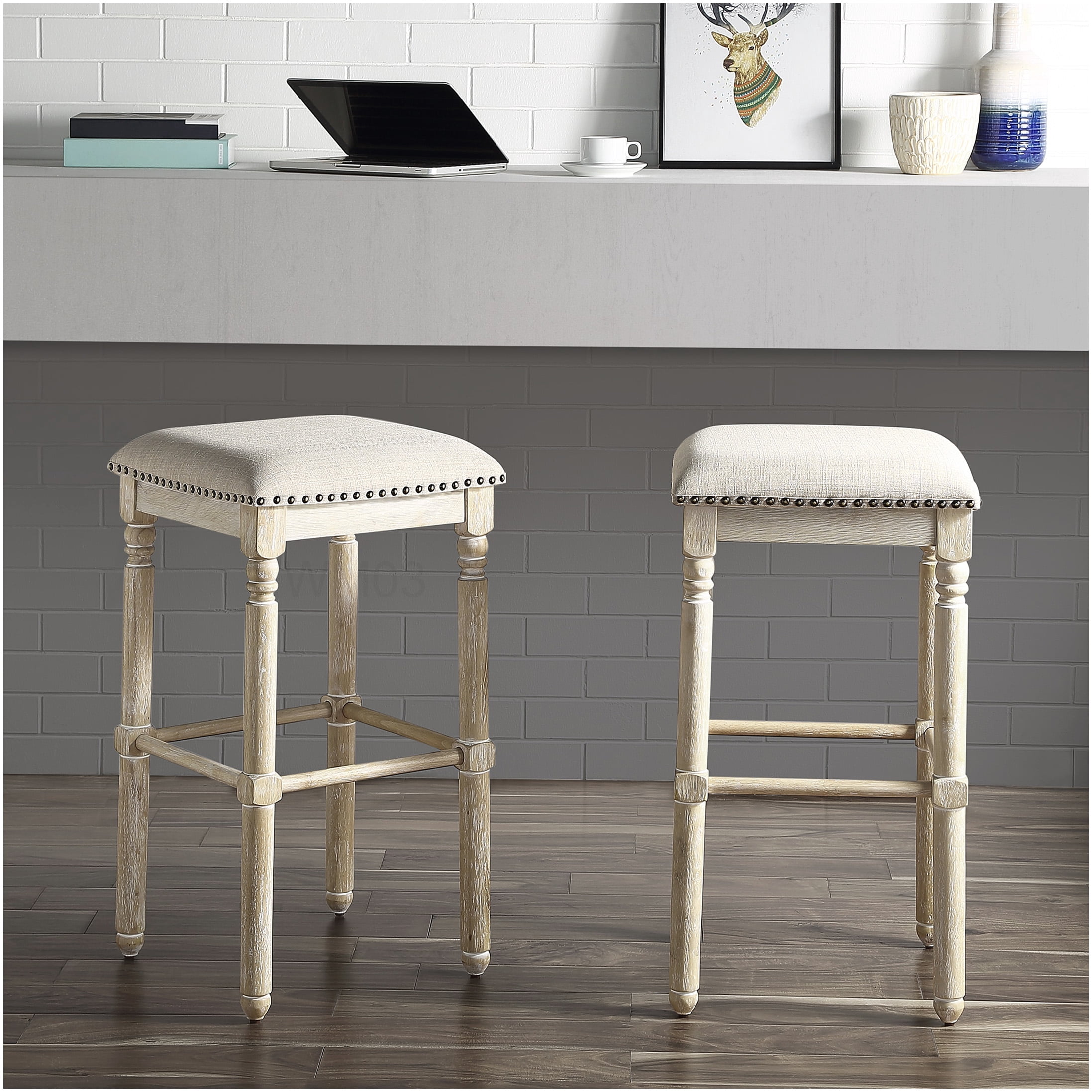 Swivel Bar Stools Set of 2 with Padded Seats, Tan Fabric and Wood Frame