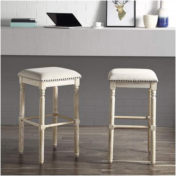 Swivel Bar Stools Set of 2 with Padded Seats, Tan Fabric and Wood Frame