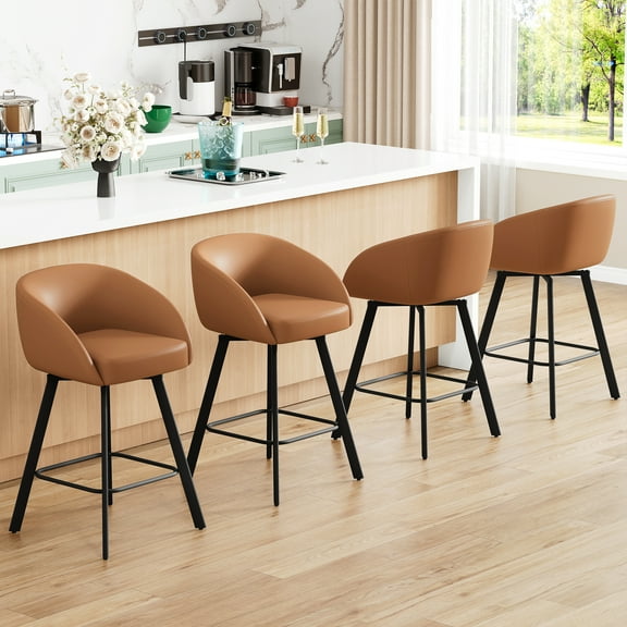 FIRAVOE Swivel Bar Stools Set of 4, 26" Counter Height Bar Stools with Back, Faux Leather Bar Chair Kitchen Barstools Counter Stools, Camel Brown