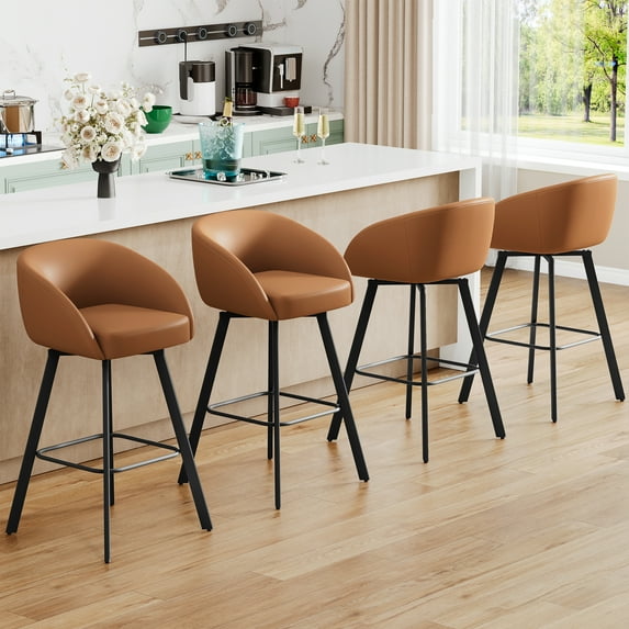 FIRAVOE Swivel Bar Stools Set of 4, 30" Bar Height Bar Stools with Back, Faux Leather Bar Chair Kitchen Barstools Counter Stools, Camel Brown