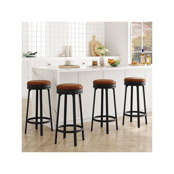 Swivel Bar Stools Set of 4, 30" Counter Height PU Leather Barstools with Footrest, Backless Round Metal Frame Stools for Kitchen Island, Brown