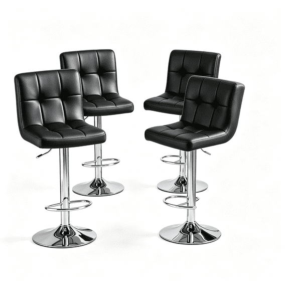 Swivel Bar Stools Set of 4, Armless Adjustable Barstools, PU Leather, Thickened Seat Cushion Square Island Barstools with Back, Black