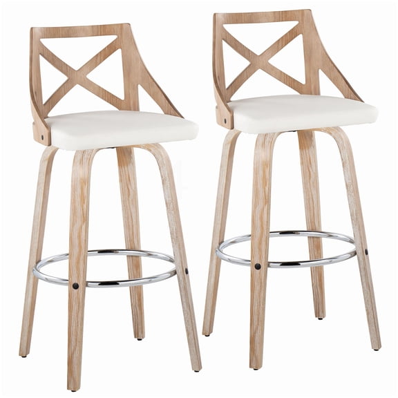 Swivel Bar Stools for Kitchen Island Set of 2, Whitewashed Wood and White PU Leather Stools