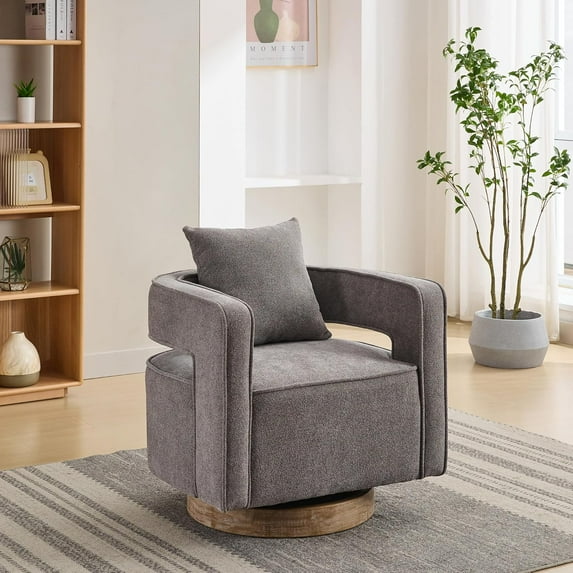 Swivel Barrel Accent Chair,29.1" W Modern Round Linen Arm Chair with Weathered Base,Upholstered Comfy 360 Degree Swivel Single Circle Club Chair for Nursery Bedroom Living Room Hotel Office