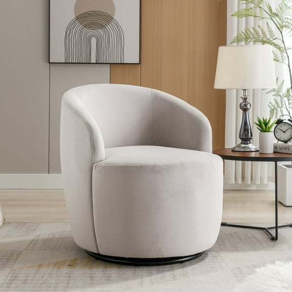 Swivel Barrel Accent Chair, Modern Velvet Upholstered Club Armchair with Metal Swivel Base, Comfy Round Single Leisure Sofa Chair for Living Room Bedroom Office Coffee Shop, Gray