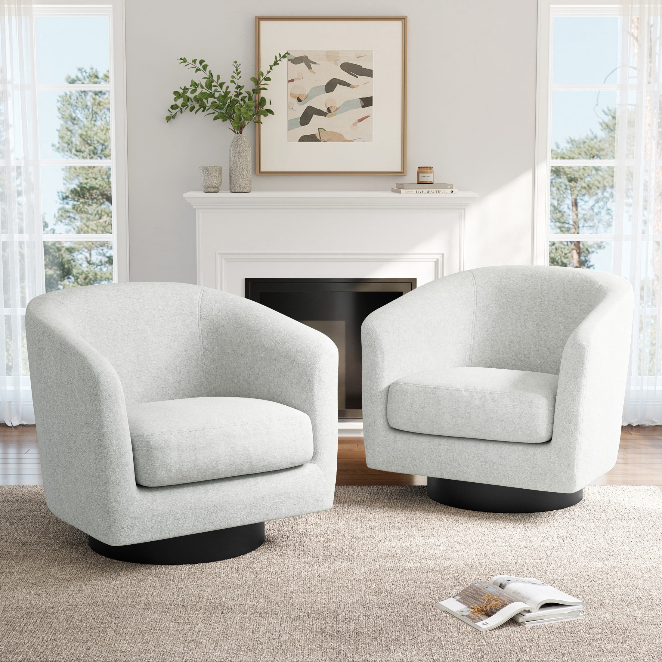 Swivel Barrel Accent Chair Set of 2 for Living Room, Modern Round Chenille Fabric Swivel Chair Living Room Chair（Beige-Set of 2）