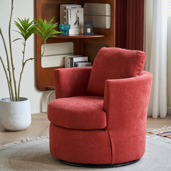 Swivel Barrel Chair, 360 Degree Swivel Chenille Round Accent Sofa, 31.9" W Comfy Club Chair, Modern Swivel Cozy Leisure Arm Chair for Bedroom Living Room Lounge Hotel, Red