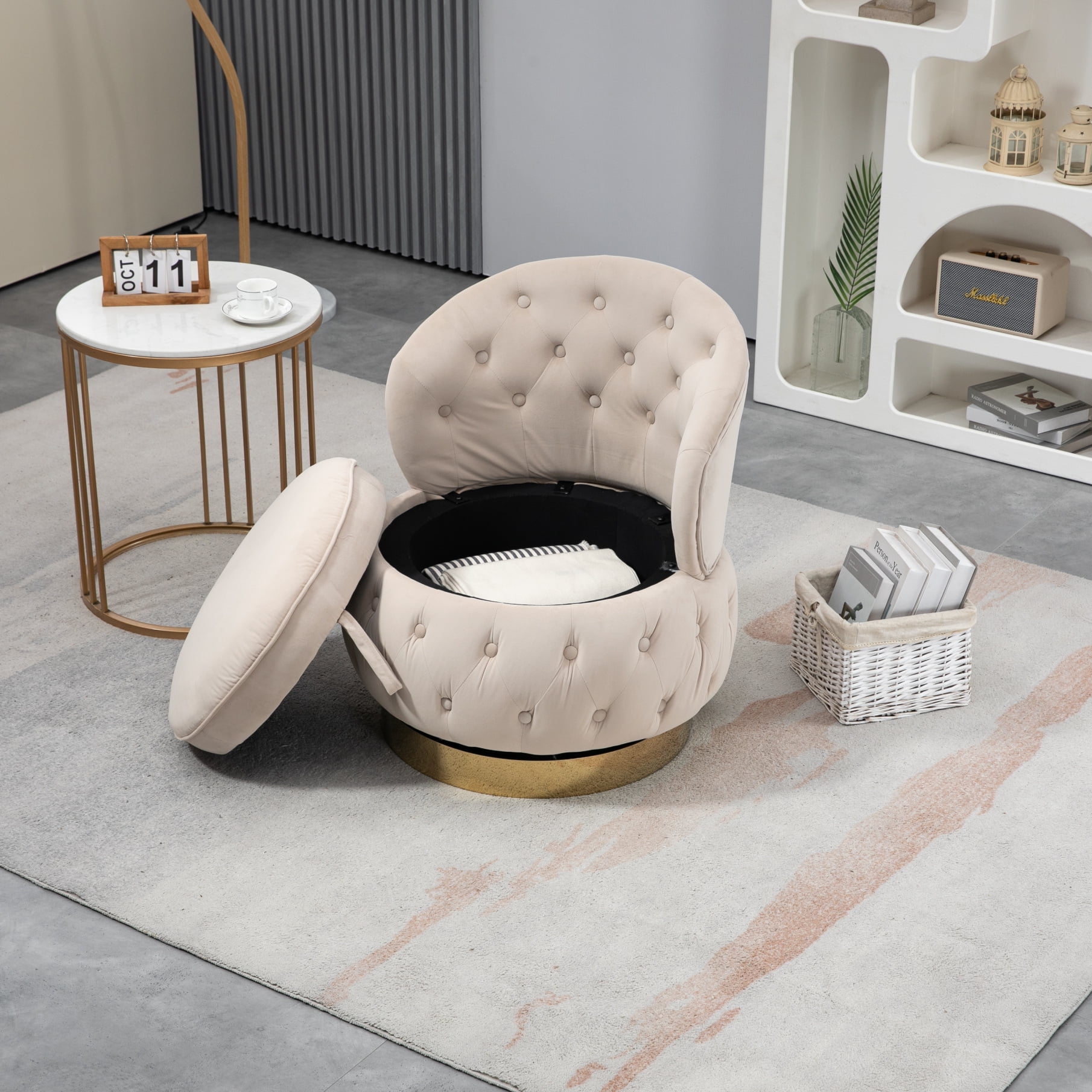 Swivel Barrel Chair, Cuddle Accent Chair with Storage, Upholstered ...