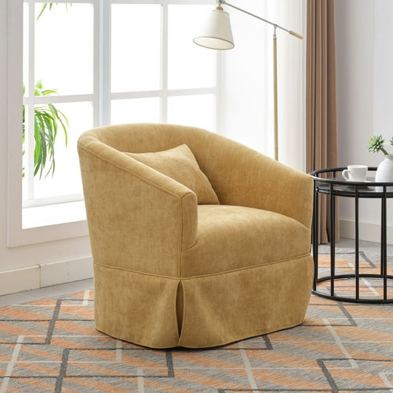 Swivel Barrel Chair, Linen Blend Single Sofa Chair with Pillow and Skirt, Round Accent Chair with Deep Seat and Metal Base, Leisure Club Chair for Living Room Bedroom Office, Yellow