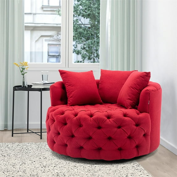 Swivel Barrel Chair, Linen Round Oversized Accent Chair with 3 Pillows, Modern Swivel Accent Chair, Swivel Accent Sofa Barrel Chairs, Leisure Chair for Living Room Hotel Lounge Club, Red
