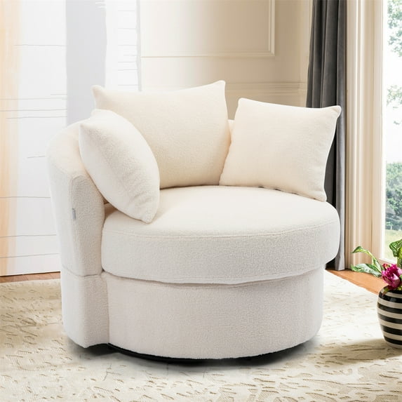 Swivel Barrel Chair Modern Accent Sofa Lounge Club Round Modern Leisure Chair, with 3 Pillows, for Hotel Living Room Bedroom Reading Room Home Office, Ivory