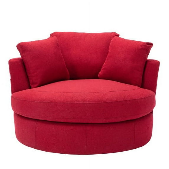 Swivel Barrel Chair Modern Round Oversized Barrel Chairs, Sofa Lounge Accent Chair, INCLAKE 360°Swivel Chair with 3 Pillow for Living Room Bedroom Hotel Office (Red)