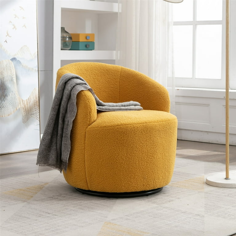 Swivel Barrel Chair Modern Teddy Fabric Upholstered Accent Chair Armchair with Round Metal Base Comfy Single Sofa Chair Leisure Chair for Living